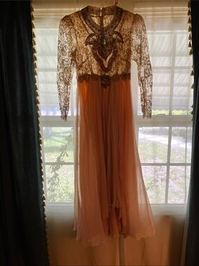 VINTAGE 1966 Turquoise & Coral Brocade Chiffon Ball Gown/Garden Hostess Dress